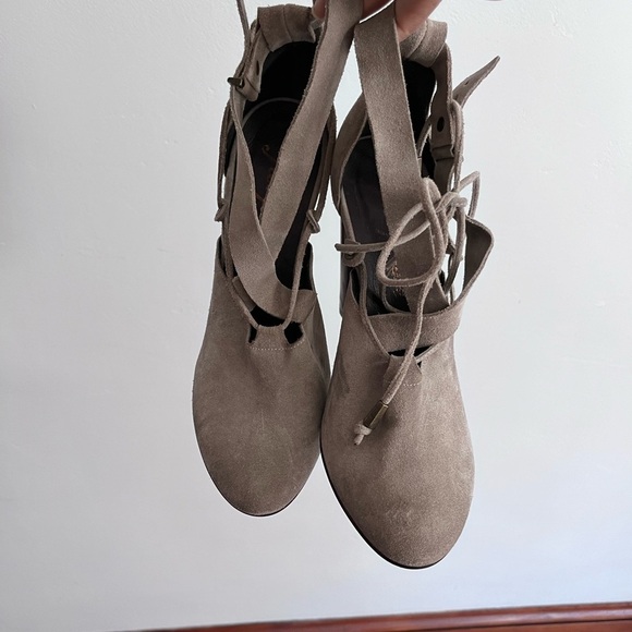 FREE PEOPLE SUEDE NOUVELLA WRAP HEELS IN Taupe - Picture 3 of 13